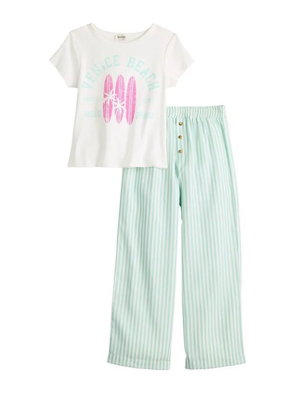 Speechless Girls 2-Piece Venice Beach Graphic Tee & Striped Pants Set – Size M